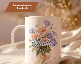 Custom Birth Flower Mug with Name | Personalized Birthday Gift for Her | Watercolor Floral Coffee Mug for Mom Grandma Best Friend