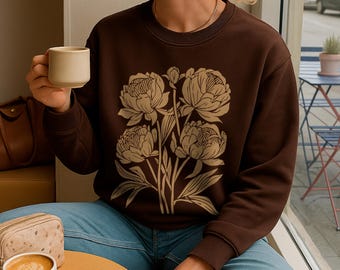 Linocut Floral Sweatshirt | Peony Flower Crewneck| Cottagecore Botanical Sweater| Cozy Fall Oversized Pullover| Vintage Nature Aesthetic Top