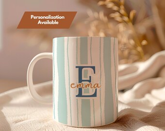 Custom Striped Ceramic Mug with Initial and Name | Personalized Monogram Name Pastel Color Coffee Cup