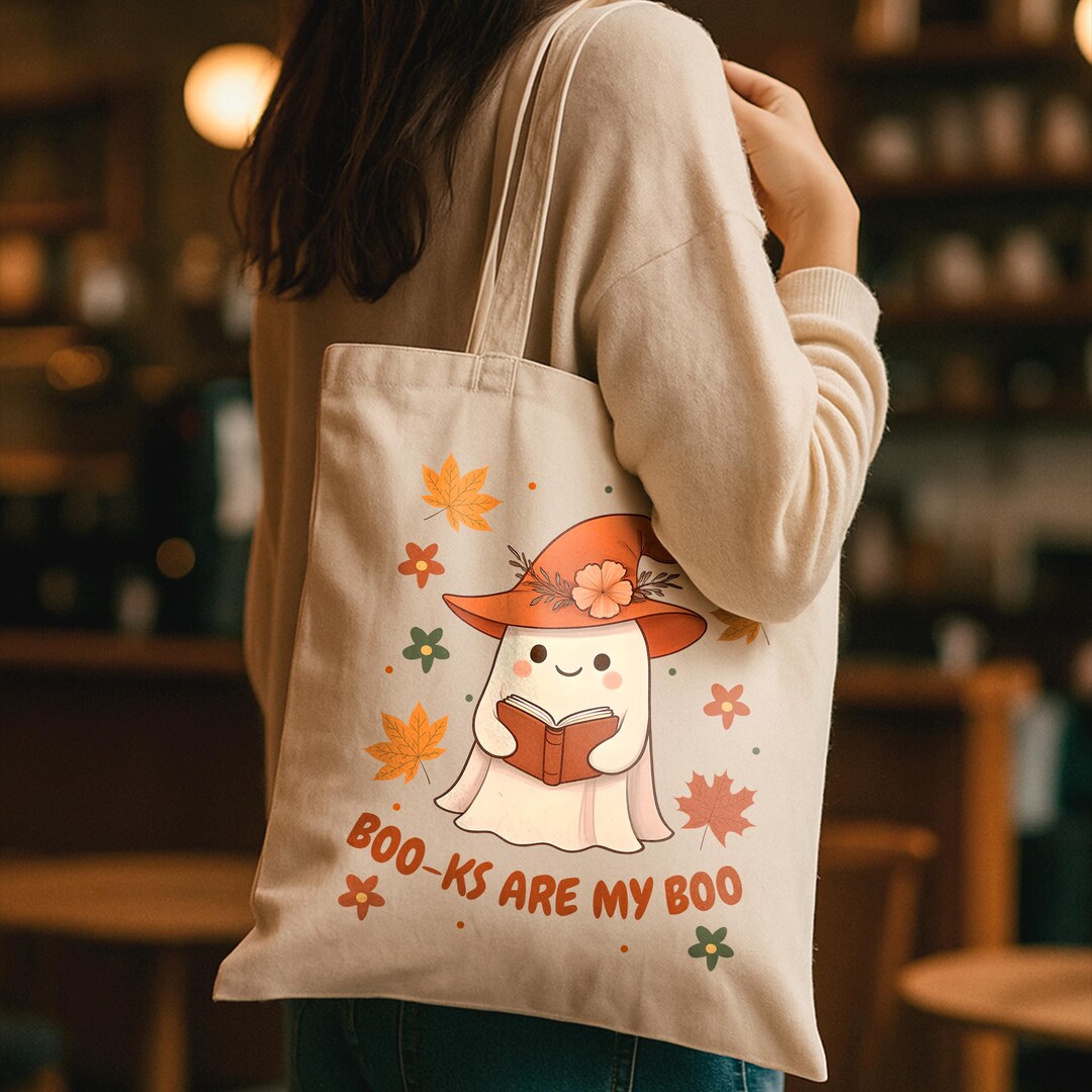 Book Lover Tote Bag With Pumpkin Ghost Design - 14x16 Inch Canvas Grocery Shopping Bag For Women, Halloween Gift