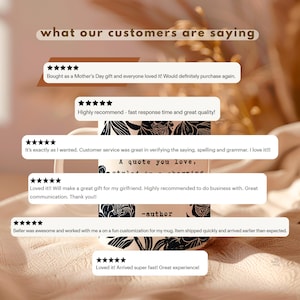 May include: A white ceramic mug featuring a black floral pattern and the text A quote you love, styled in a charming, -author. The mug is surrounded by multiple five-star customer reviews with text including Bought as a Mother's Day gift.