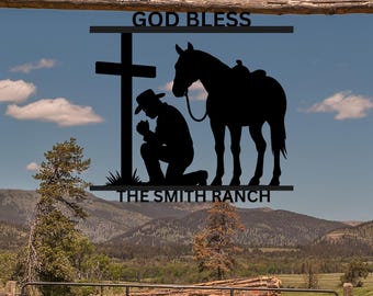 Praying Cowboy with Horse Metal die-cut sign