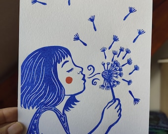 Linosnede van Paardenbloem en Klein Meisje | Originele linosnede A5 | Handgemaakte print | Paardenbloemkunst