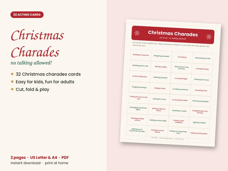 Christmas Charades Printable, 32 Acting Cards, Christmas Party Game for ...