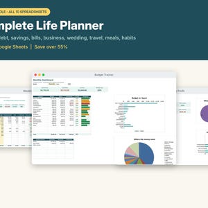 May include: A digital life planner bundle featuring ten spreadsheets for Excel and Google Sheets. The interface displays a budget tracker, monthly dashboard, wedding budget, and profit analysis with various charts, tables, and financial data visualisations.
