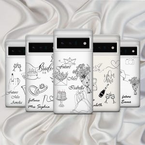 May include: A collection of white phone cases adorned with black line drawings. The designs feature bridal motifs such as rings, cakes, champagne, and bouquets. Names like Amelia, Sophia, Isabella, and Emma are also included.