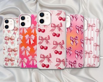 Capa de celular rosa estilo preppy com laço fofo para iPhone 17, 16E, 15, 14, 13, 12, Pixel 10, 9Pro, XL, 8A, 7A, 6A, Samsung S25fe, S24fe, S23, A17, A56