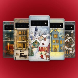 May include: Five phone cases with winter village scenes. Each case features a different illustration of a snowy town with houses, a church, and festive decorations. The cases are displayed against a red background.