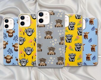 May include: Set of five phone cases featuring a Highland cow pattern. The cases are in blue, yellow, and gray with white daisy accents. Each case has a different Highland cow design.