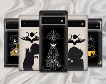 May include: Five black phone cases with different designs. Each case features a moon, stars, and other celestial imagery. The designs are in white and gold.