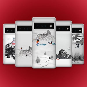 Winter Snow Phone Case Skiing Ski Cover for Google Pixel 10, 9A, 9ProXL, 8A, 8Pro, 7Pro, 7A, Samsung S25Fe, S24, A56, A17 iPhone 17 16 15 14