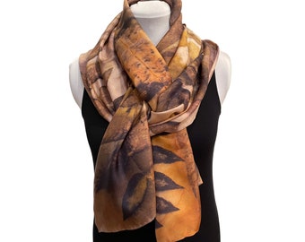Eco printed silk scarf, hand dyed, silk, rectangle scarf, black walnut, copper, beige, black,rust print,botanical print, leaf print, Engayla