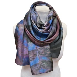 Blue purple eco dyed silk scarf, hand dyed, printed, rectangle, botanical, tree leaf print, black walnut imprint, blue, purple, Engayla.