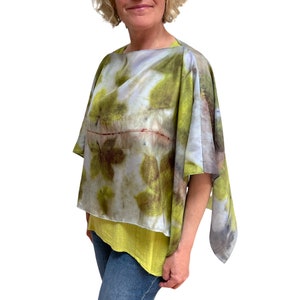 Green Silk Poncho, Chestnut Eco-Printed, Botanical, Coverup, scarf & shrug, Resort, one size, blue green, Wedding, silk shawl, plus size