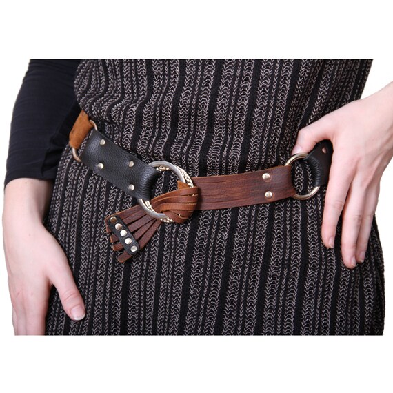 Riveted Leather Belt: Black & Brown Cowhide With Silver  display picture 1