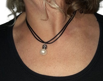 Collana di perle in pelle fatta a mano: nodo in argento sterling, lunghezza regolabile