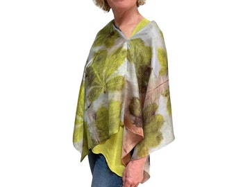 Luxurious Silk Poncho, Eco-Printed Botanical Design, Versatile Coverup/Jacket, Vibrant Chartreuse Green, One-of-a-Kind, Spring Shawl/Resort