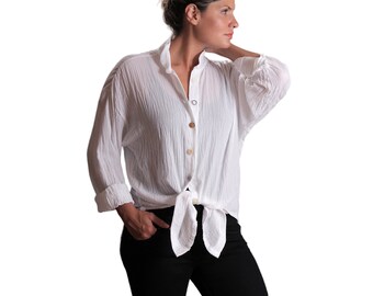 Camicia da ragazzo in garza di cotone bianco: camicetta copricostume