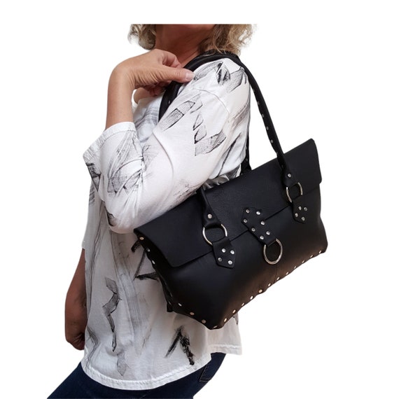 Black Leather Bag Purse Rocker Riveted Punk Modern Black Leather Shoulder Bag Boho Hobo Bag Studded Gothic Handbag edgy Black Purse Etsy Canada
