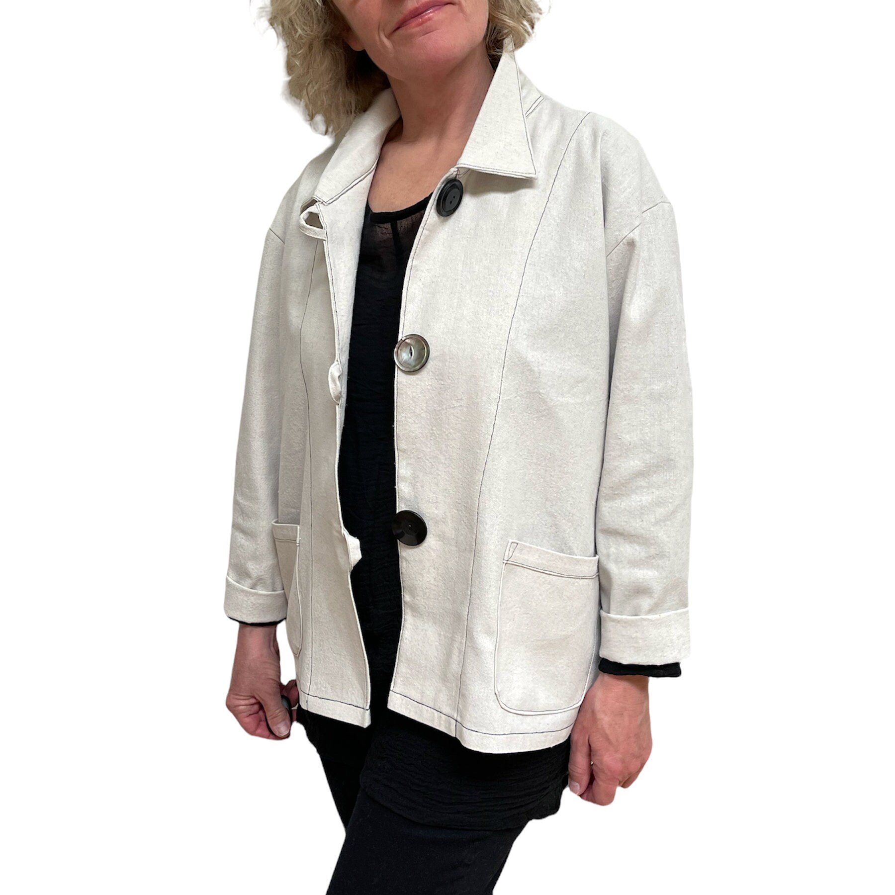 Beige Cotton Canvas Utility Jacket: Vintage Buttons, Minimalist 