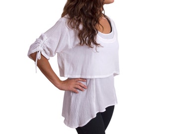 White cotton gauze tank and cropped top set, Summer top, women's short sleeve gauze shirts, tunics, gauze clothing made in USA, Engayla