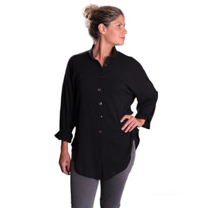 Black Cotton Gauze Boyfriend Shirt: Boho Crinkle Gauze Top