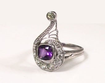 Platinum Diamond Amethyst Art Deco Ring, Treble Clef Ring, G Clef Music Jewelry, Music Lover's Gift, February Birthstone, Gift for Her