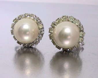 Vendome Domed Faux Pearl Crystal Ear Clips Vintage 1960s | Gift for Her | Wedding Jewelry | Vintage Designer Clip On Earrings