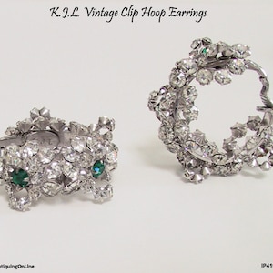 Vintage KJL Earrings Emerald Clear Crystal Hoop Earrings 1960s to 1970s Kenneth Jay Lane Green Clear Hoop Clip Earrings Gift for Her image 1