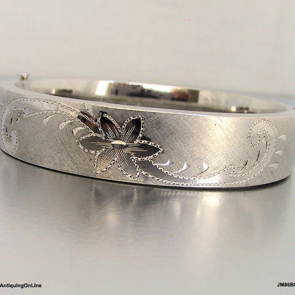 Vintage Brushed Sterling Floral Bangle | Engraved Vintage Sterling Floral Bracelet 16 grams | Gift for Her