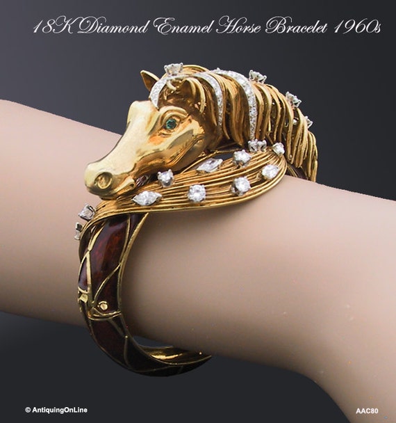 18K Diamond Enamel Horse Bracelet Equestrian Jewelry Gift Etsy