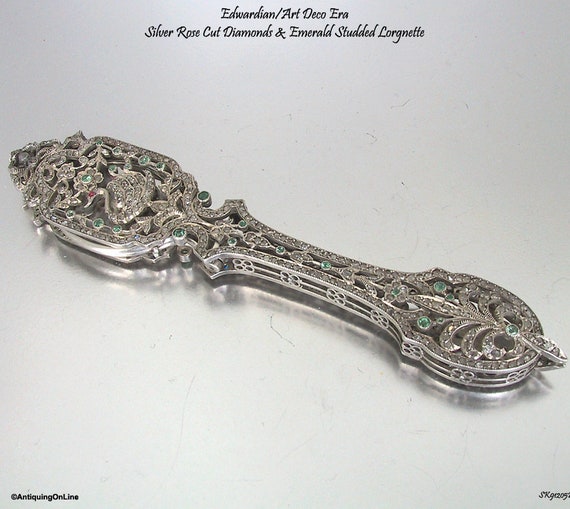 Edwardian Diamond Emerald Lorgnette Folding Opera… - image 1