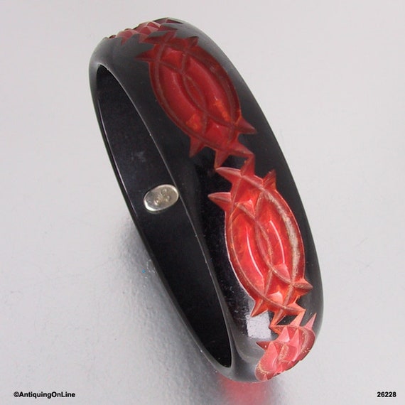 Carved Red and Black Overdyed Bakelite Bangle Brac