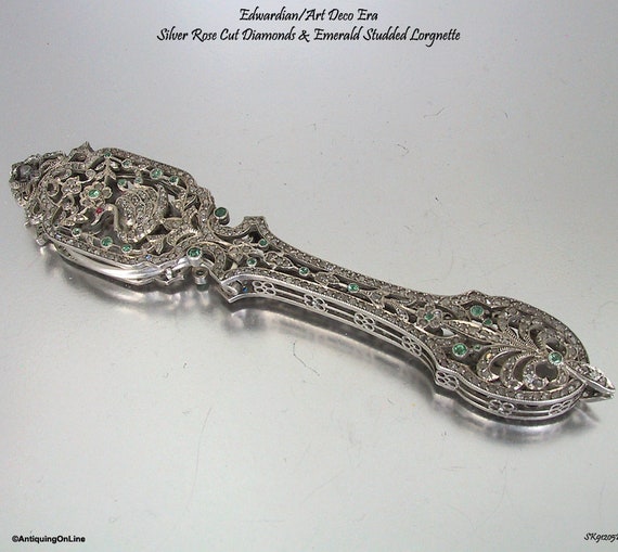 Edwardian Diamond Emerald Lorgnette Folding Opera… - image 7