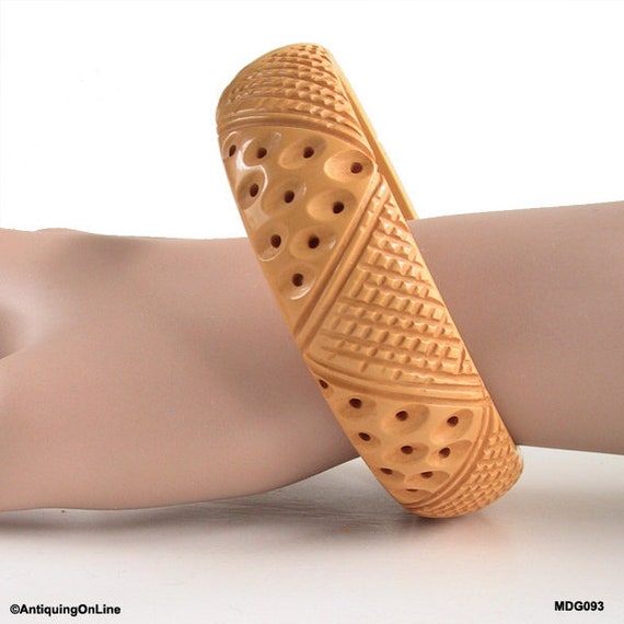 Carved Pierced Butterscotch Bakelite Bangle Bracel