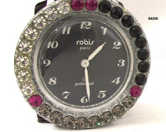 Vintage Wrist Watch Robis Paris 1970s Rhinestone Wristwatch, French Wrist Watch Large Dial