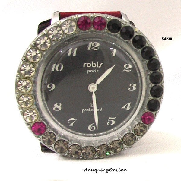 Vintage Wrist Watch Robis Paris 1970s Rhinestone Wristwatch, French Wrist Watch Large Dial