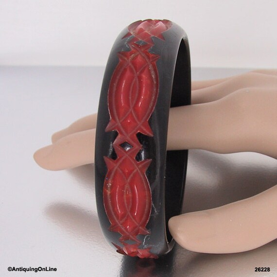 Carved Red and Black Overdyed Bakelite Bangle Bra… - image 3