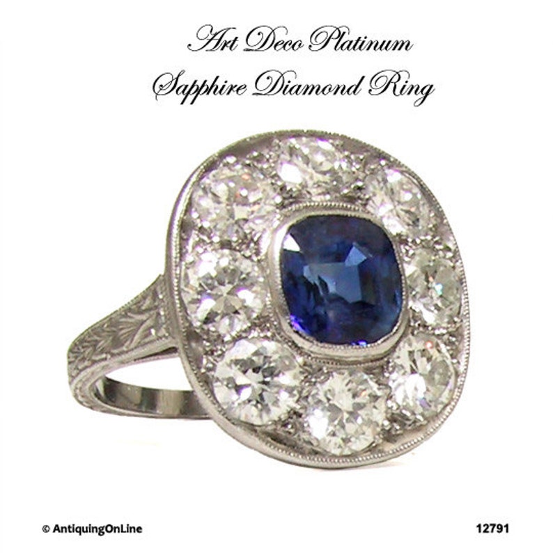 RESERVED Art Deco Platinum Sapphire Diamond Engagement Ring Art Deco Jewelry Antique Engagement Ring image 2