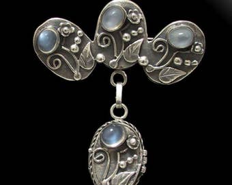 Arts & Crafts SS Moonstone Pin Pendant Locket Brooch,  Antique Sterling Moonstone Brooch Flowers and Leaves Decoration, Gift for Her