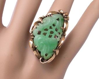 Antique 14K Gold Carved Jade Ring | Gem Quality Pale Green Jadeite Ring | 1900-1920 Jadeite Ring | Untreated Green Jadeite, March Birthstone