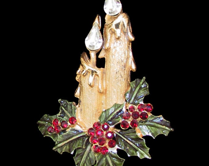 Vintage Two Candle Holly Christmas Pin Brooch Etsy