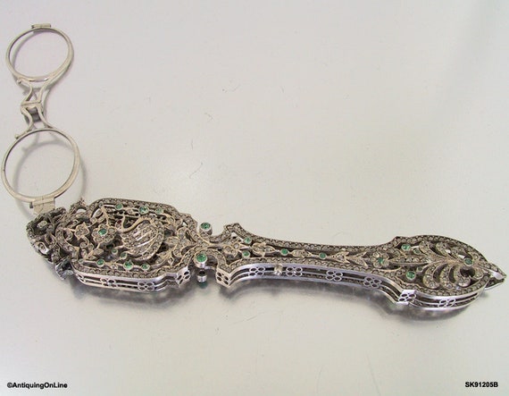 Edwardian Diamond Emerald Lorgnette Folding Opera… - image 2