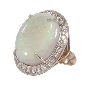 14K Opal Diamond Ring Platinum Top | Art Nouveau Statement Ring | October Birthstone | Engagement Ring