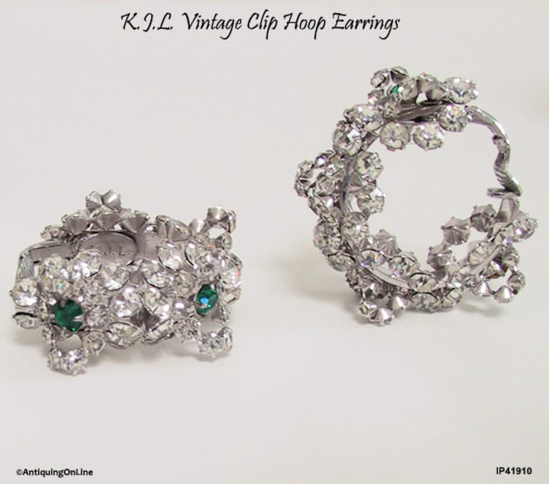 Vintage KJL Earrings Emerald Clear Crystal Hoop Earrings 1960s to 1970s Kenneth Jay Lane Green Clear Hoop Clip Earrings Gift for Her image 1