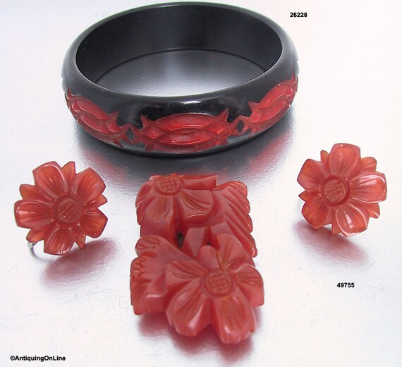 Carved Red and Black Overdyed Bakelite Bangle Bra… - image 6