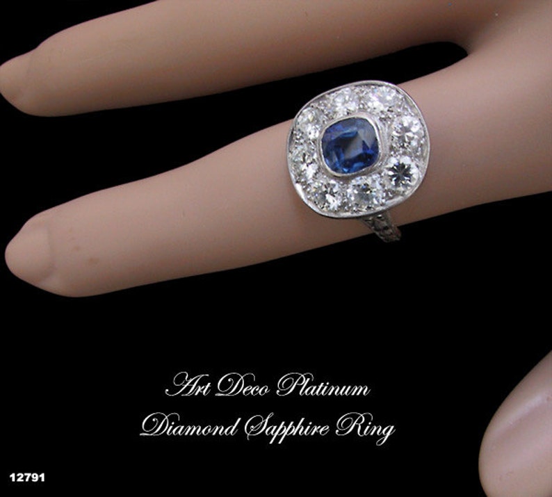RESERVED Art Deco Platinum Sapphire Diamond Engagement Ring Art Deco Jewelry Antique Engagement Ring image 5