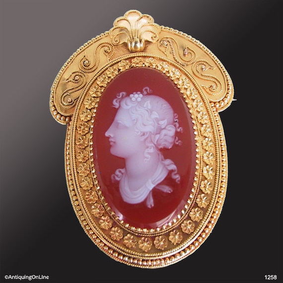 Victorian Hardstone Cameo Brooch 14K | Etruscan Revival Carnelian Bacchante Signed Cameo, Antique Cameo Jewelry, Victorian Jewelry