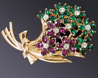 Vintage Flower Pin Brooch Purple Green Gold Plated 1940s Corsage Pin | Purple Green Floral Brooch | Gift for Her