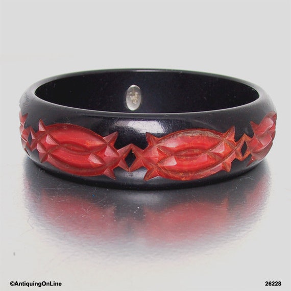 Carved Red and Black Overdyed Bakelite Bangle Bra… - image 2
